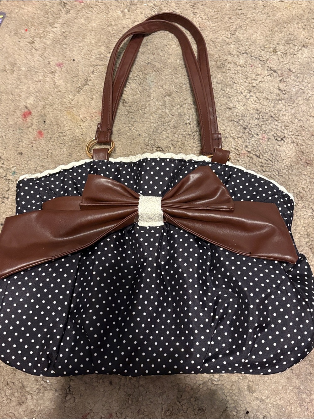 Black Polka Dot Tote with Brown Bow Accent